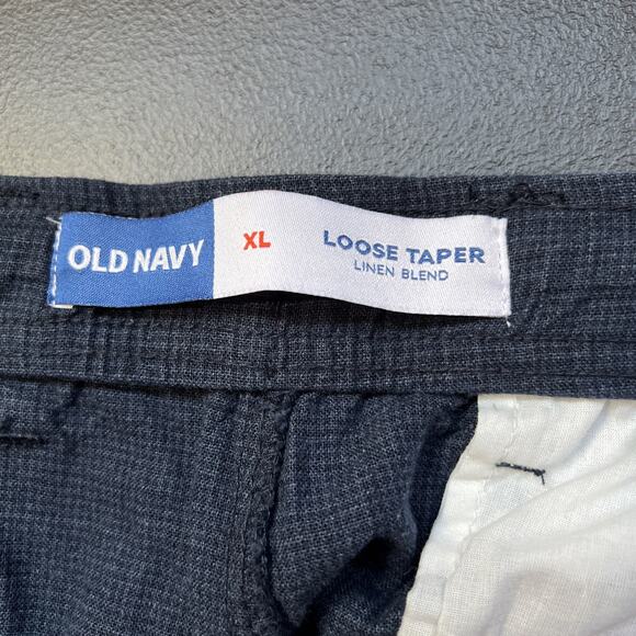 Old Navy Pants Men XL Blue Micro Plaid Linen Blend Loose Taper Pleats Drawstring - Picture 2 of 10